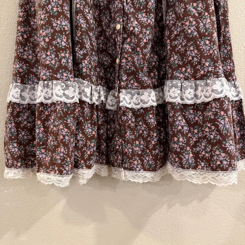 Vintage Jessica's Gunnies Skirt Set M Brown Ivory Floral Lace Prairie Cottage